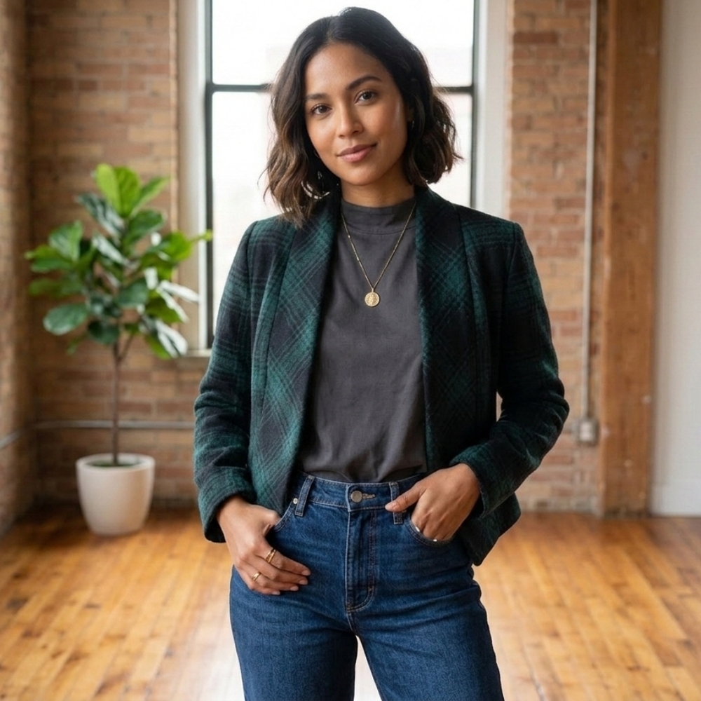 Bb Dakota Cropped Plaid Blazer Jacket - Classic Open Front Style